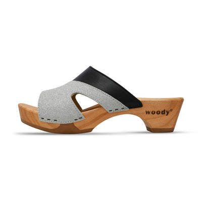 Cherin – elegante Damen Clog Pantolette mit biegsamer Sohle – Farbe: Schwarz-Silber Glitzernd