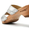 fiona-farbe: silber, pantoletten clogs damen mit biegsamer nachhaltiger Holzsohle,holzclogs woody, woody schuhe, woody shoes, handgemachte holzschuhe aus österreich, kärnten