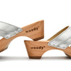 fiona-farbe: silber, pantoletten clogs damen mit biegsamer nachhaltiger Holzsohle,holzclogs woody, woody schuhe, woody shoes, handgemachte holzschuhe aus österreich, kärnten