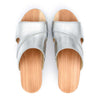 fiona-farbe: silber, pantoletten clogs damen mit biegsamer nachhaltiger Holzsohle,holzclogs woody, woody schuhe, woody shoes, handgemachte holzschuhe aus österreich, kärnten