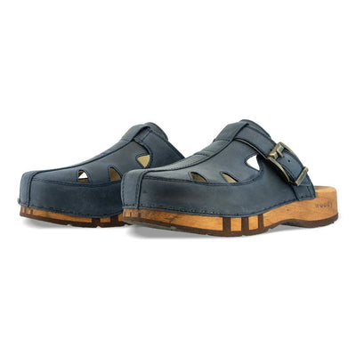 freddy, clogs herren mit biegsamer nachhaltiger Holzsohle, farbe: avion-blau, holzclogs woody, woody schuhe, woody shoes, handgemachte holzschuhe aus österreich, kärnten