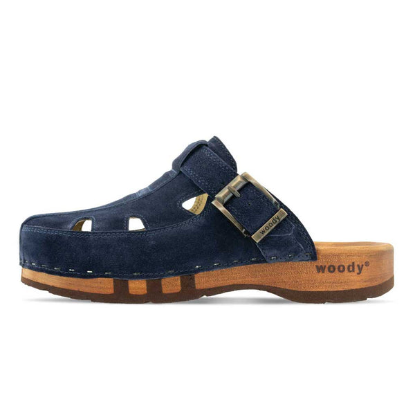 [Navy] Freddy Herren Clog mit biegsamer nachhaltiger Holzsohle, farbe: bleir (grau), holzclogs woody, woody schuhe, woody shoes, handgemachte holzschuhe aus österreich, kärnten
