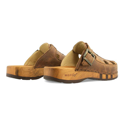 freddy, clogs herren mit biegsamer nachhaltiger Holzsohle, farbe: tabacco-braun, holzclogs woody, woody schuhe, woody shoes, handgemachte holzschuhe aus österreich, kärnten