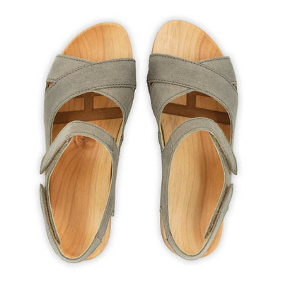 gloria, sandlen clogs damen mit biegsamer nachhaltiger holzsohle, farbe: sand-warm_grey, holzclogs woody, woody schuhe, woody shoes, handgemachte holzschuhe aus österreich, kärnten