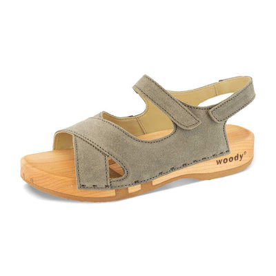 gloria, sandlen clogs damen mit biegsamer nachhaltiger holzsohle, farbe: sand-warm_grey, holzclogs woody, woody schuhe, woody shoes, handgemachte holzschuhe aus österreich, kärnten