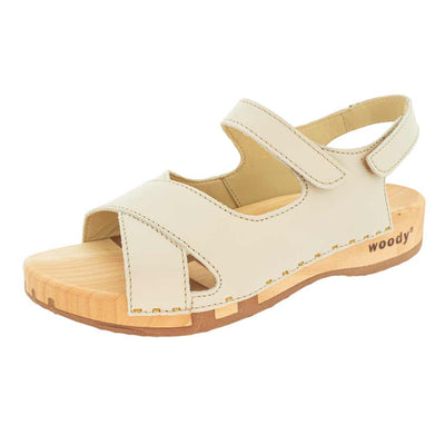 gloria, sandlen clogs damen mit biegsamer nachhaltiger holzsohle, farbe: creme, holzclogs woody, woody schuhe, woody shoes, handgemachte holzschuhe aus österreich, kärnten