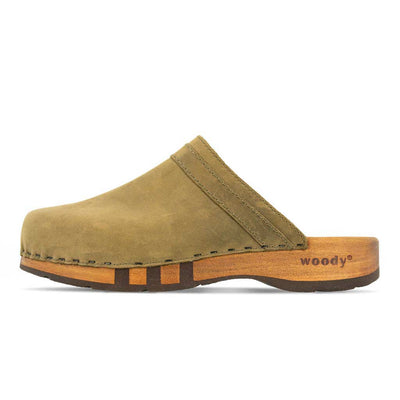 harry, clogs herren mit biegsamer nachhaltiger holzsohle, farbe: olivia (olivgrün), holzclogs woody, woody schuhe, woody shoes, handgemachte holzschuhe aus österreich, kärnten