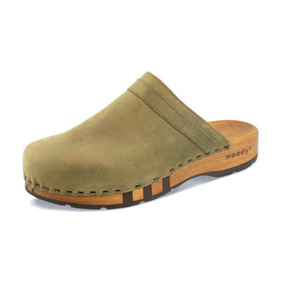 harry, clogs herren mit biegsamer nachhaltiger holzsohle, farbe: olivia (olivgrün), holzclogs woody, woody schuhe, woody shoes, handgemachte holzschuhe aus österreich, kärnten