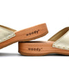 heidi, clogs pantolette damen mit biegsamer nachhaltiger holzsohle, farbe: gold, holzclogs woody, woody schuhe, woody shoes, handgemachte holzschuhe aus österreich, kärnten
