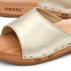 heidi, clogs pantolette damen mit biegsamer nachhaltiger holzsohle, farbe: gold, holzclogs woody, woody schuhe, woody shoes, handgemachte holzschuhe aus österreich, kärnten