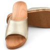 heidi, clogs pantolette damen mit biegsamer nachhaltiger holzsohle, farbe: gold, holzclogs woody, woody schuhe, woody shoes, handgemachte holzschuhe aus österreich, kärnten