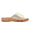 heidi, clogs pantolette damen mit biegsamer nachhaltiger holzsohle, farbe: gold, holzclogs woody, woody schuhe, woody shoes, handgemachte holzschuhe aus österreich, kärnten