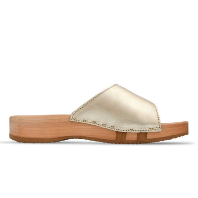 heidi, clogs pantolette damen mit biegsamer nachhaltiger holzsohle, farbe: gold, holzclogs woody, woody schuhe, woody shoes, handgemachte holzschuhe aus österreich, kärnten