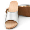 heidi, clogs pantolette damen mit biegsamer nachhaltiger holzsohle, farbe: silber, holzclogs woody, woody schuhe, woody shoes, handgemachte holzschuhe aus österreich, kärnten