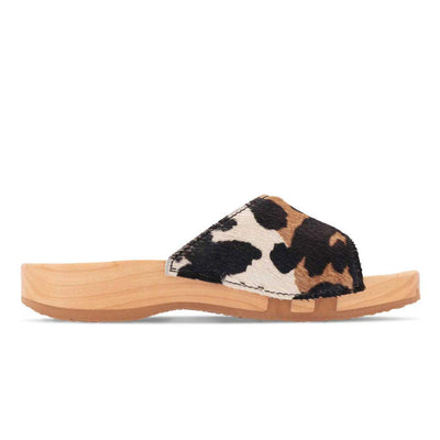 [Fell Kombi] heidi, clogs pantolette damen mit biegsamer nachhaltiger holzsohle, farbe: fell kombi (kuh-print), holzclogs woody, woody schuhe, woody shoes, handgemachte holzschuhe aus österreich, kärnten