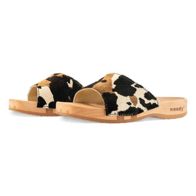 [Fell Kombi] heidi, clogs pantolette damen mit biegsamer nachhaltiger holzsohle, farbe: fell kombi (kuh-print), holzclogs woody, woody schuhe, woody shoes, handgemachte holzschuhe aus österreich, kärnten