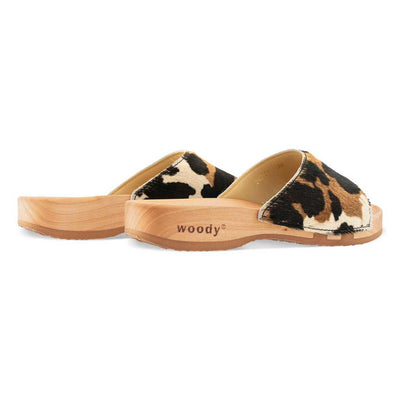 [Fell Kombi] heidi, clogs pantolette damen mit biegsamer nachhaltiger holzsohle, farbe: fell kombi (kuh-print), holzclogs woody, woody schuhe, woody shoes, handgemachte holzschuhe aus österreich, kärnten