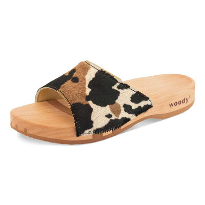 [Fell Kombi] heidi, clogs pantolette damen mit biegsamer nachhaltiger holzsohle, farbe: fell kombi (kuh-print), holzclogs woody, woody schuhe, woody shoes, handgemachte holzschuhe aus österreich, kärnten