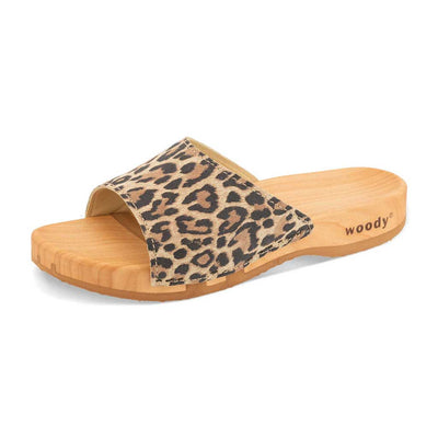 heidi, clogs pantolette damen mit biegsamer nachhaltiger holzsohle, farbe: wildcat (leopard-print), holzclogs woody, woody schuhe, woody shoes, handgemachte holzschuhe aus österreich, kärnten