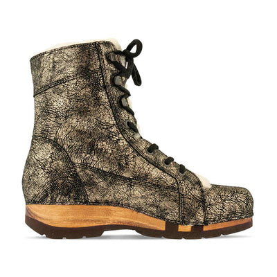 [Noirgold] Heike, clog lammfell gefütterter clog stiefel damen mit biegsamer nachhaltiger holzsohle, holzclogs woody, woody schuhe, woody shoes, handgemachte holzschuhe aus österreich, kärnten, farbe: noirgold (gold mit schwarzen cracks)