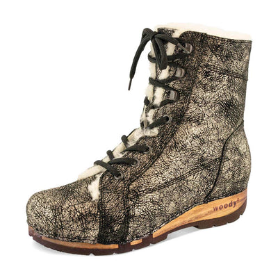 [Noirgold] Heike, clog lammfell gefütterter clog stiefel damen mit biegsamer nachhaltiger holzsohle, holzclogs woody, woody schuhe, woody shoes, handgemachte holzschuhe aus österreich, kärnten, farbe: noirgold (gold mit schwarzen cracks)