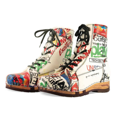 [Showtime] Heike, clog lammfell gefütterter clog stiefel damen mit biegsamer nachhaltiger holzsohle, farbe: showtime (by vivienne westwood), holzclogs woody, woody schuhe, woody shoes, handgemachte holzschuhe aus österreich, kärnten