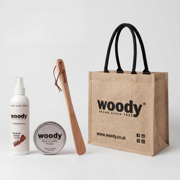 woody Pflege-Set Premium mit Impraegnierspray, Lederpflege und Pflegetuch fuer Holzschuhe - vollstaendige Pflege
