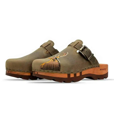 [Oliva] hubertus, clog mit stick für herren, biegsame nachhaltige holzsohle, farbe: oliva, holzclogs woody, woody schuhe, woody shoes, handgemachte holzschuhe aus österreich, kärnten