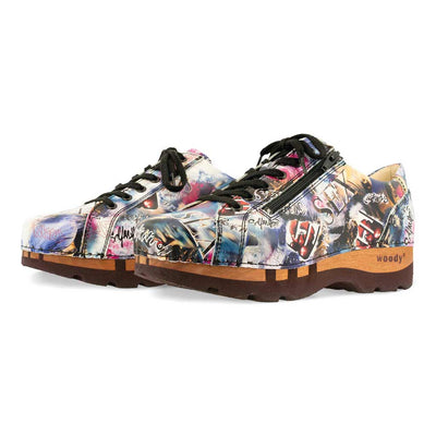 [Sex & Rock'n'Roll] jack, clog sneakers für herren mit biegsamer nachhaltiger holzsohle, farbe: weiss (multicolor-print urban style), holzclogs woody, woody schuhe, woody shoes, handgemachte holzschuhe aus österreich, kärnten