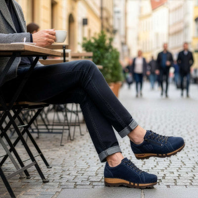 [Navy] jack, clog sneakers für herren mit biegsamer nachhaltiger holzsohle, holzclogs woody, woody schuhe, woody shoes, handgemachte holzschuhe aus österreich, kärnten,farbe: navi (blau)