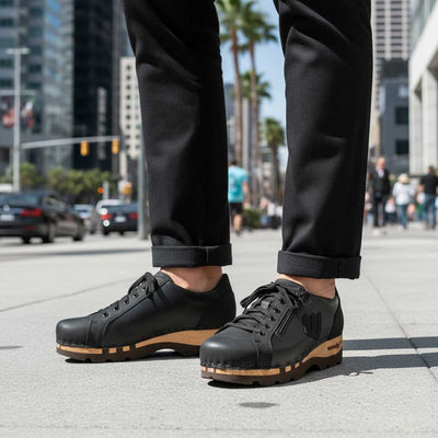 [Nero-Schwarz] jack, clog sneakers für herren mit biegsamer nachhaltiger holzsohle, farbe: nero-schwar (nappa-glattleder), holzclogs woody, woody schuhe, woody shoes, handgemachte holzschuhe aus österreich, kärnten