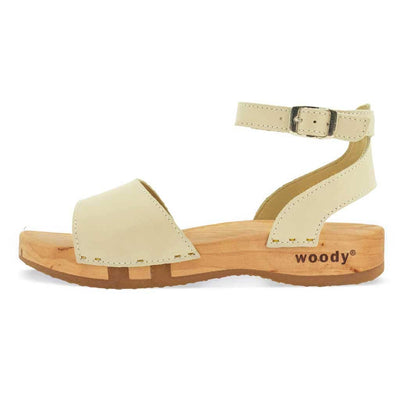 [Creme] jana, sandalen clogs damen mit biegsamer nachhaltiger holzsohle, farbe: creme, holzclogs woody, woody schuhe, woody shoes, handgemachte holzschuhe aus österreich, kärnten