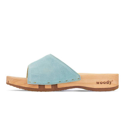 heidi, clogs pantolette damen mit biegsamer nachhaltiger holzsohle, farbe: baby blue (hellblau), holzclogs woody, woody schuhe, woody shoes, handgemachte holzschuhe aus österreich, kärnten