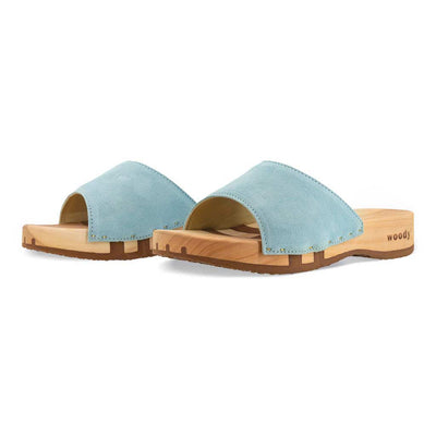heidi, clogs pantolette damen mit biegsamer nachhaltiger holzsohle, farbe: baby blue (hellblau), holzclogs woody, woody schuhe, woody shoes, handgemachte holzschuhe aus österreich, kärnten