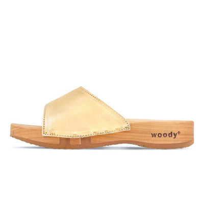 heidi, clogs pantolette damen mit biegsamer nachhaltiger holzsohle, farbe: gold, holzclogs woody, woody schuhe, woody shoes, handgemachte holzschuhe aus österreich, kärnten
