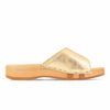 heidi, clogs pantolette damen mit biegsamer nachhaltiger holzsohle, farbe: gold, holzclogs woody, woody schuhe, woody shoes, handgemachte holzschuhe aus österreich, kärnten