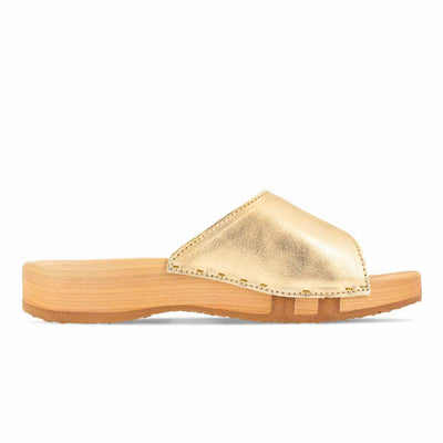 heidi, clogs pantolette damen mit biegsamer nachhaltiger holzsohle, farbe: gold, holzclogs woody, woody schuhe, woody shoes, handgemachte holzschuhe aus österreich, kärnten