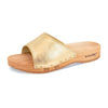 heidi, clogs pantolette damen mit biegsamer nachhaltiger holzsohle, farbe: gold, holzclogs woody, woody schuhe, woody shoes, handgemachte holzschuhe aus österreich, kärnten