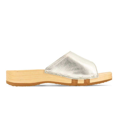 heidi, clogs pantolette damen mit biegsamer nachhaltiger holzsohle, farbe: silber, holzclogs woody, woody schuhe, woody shoes, handgemachte holzschuhe aus österreich, kärnten
