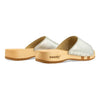 heidi, clogs pantolette damen mit biegsamer nachhaltiger holzsohle, farbe: silber, holzclogs woody, woody schuhe, woody shoes, handgemachte holzschuhe aus österreich, kärnten