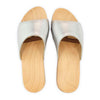 heidi, clogs pantolette damen mit biegsamer nachhaltiger holzsohle, farbe: silber, holzclogs woody, woody schuhe, woody shoes, handgemachte holzschuhe aus österreich, kärnten
