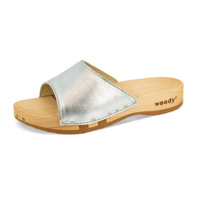 heidi, clogs pantolette damen mit biegsamer nachhaltiger holzsohle, farbe: silber, holzclogs woody, woody schuhe, woody shoes, handgemachte holzschuhe aus österreich, kärnten