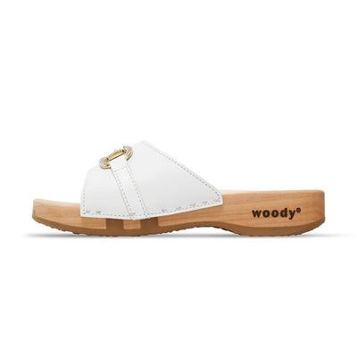 Farah – elegante Damen Clog Pantolette mit biegsamer Sohle aus nachhaltigem Weidenholz, Farbe: weiss (mit goldener und strassbesetzter Zierschnalle)