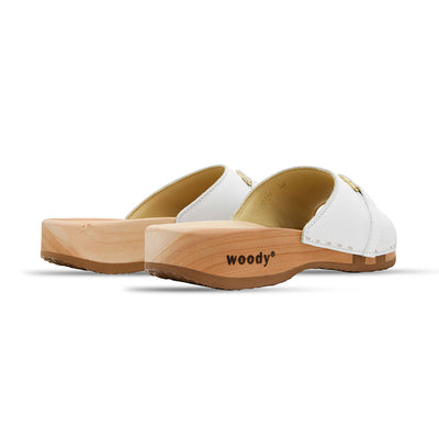Farah – elegante Damen Clog Pantolette mit biegsamer Sohle aus nachhaltigem Weidenholz, Farbe: weiss (mit goldener und strassbesetzter Zierschnalle)