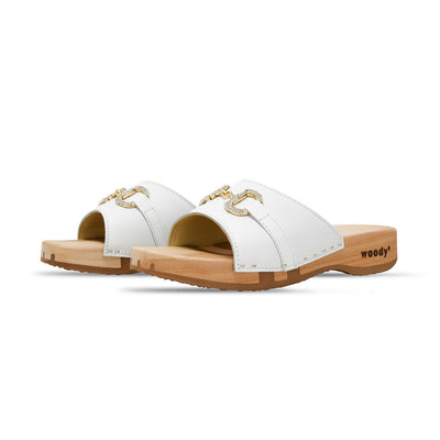 Farah – elegante Damen Clog Pantolette mit biegsamer Sohle aus nachhaltigem Weidenholz, Farbe: weiss (mit goldener und strassbesetzter Zierschnalle)