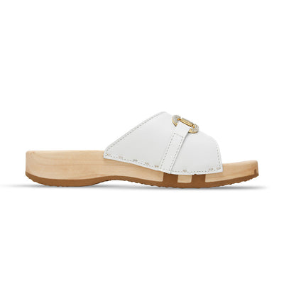 Farah – elegante Damen Clog Pantolette mit biegsamer Sohle aus nachhaltigem Weidenholz, Farbe: weiss (mit goldener und strassbesetzter Zierschnalle)