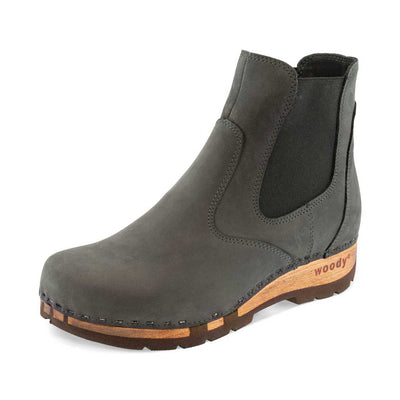 [Grigio] Jutta, clog boots damen mit biegsamer nachhaltiger holzsohle, farbe: grigio, der bestseller, holzclogs woody, woody schuhe, woody shoes, handgemachte holzschuhe aus österreich, kärnten
