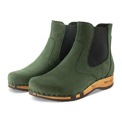 Jutta, clog boots damen mit biegsamer nachhaltiger holzsohle, farbe: forest (gruen), der bestseller, holzclogs woody, woody schuhe, woody shoes, handgemachte holzschuhe aus österreich, kärnten
