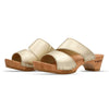 kate-farbe: gold_clogs pantoletten damen mit biegsamer nachhaltiger weidenholzsohle, holzclogs woody, woody schuhe, woody shoes, handgemachte holzschuhe aus österreich, kärnten