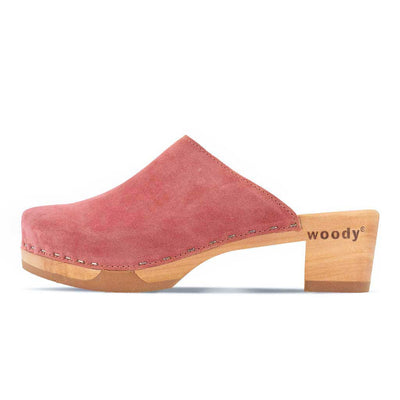 katharina, clogs damen mit biegsamer nachhaltiger holzsohle, farbe: flamingo, holzclogs woody, woody schuhe, woody shoes, handgemachte holzschuhe aus österreich, kärnten